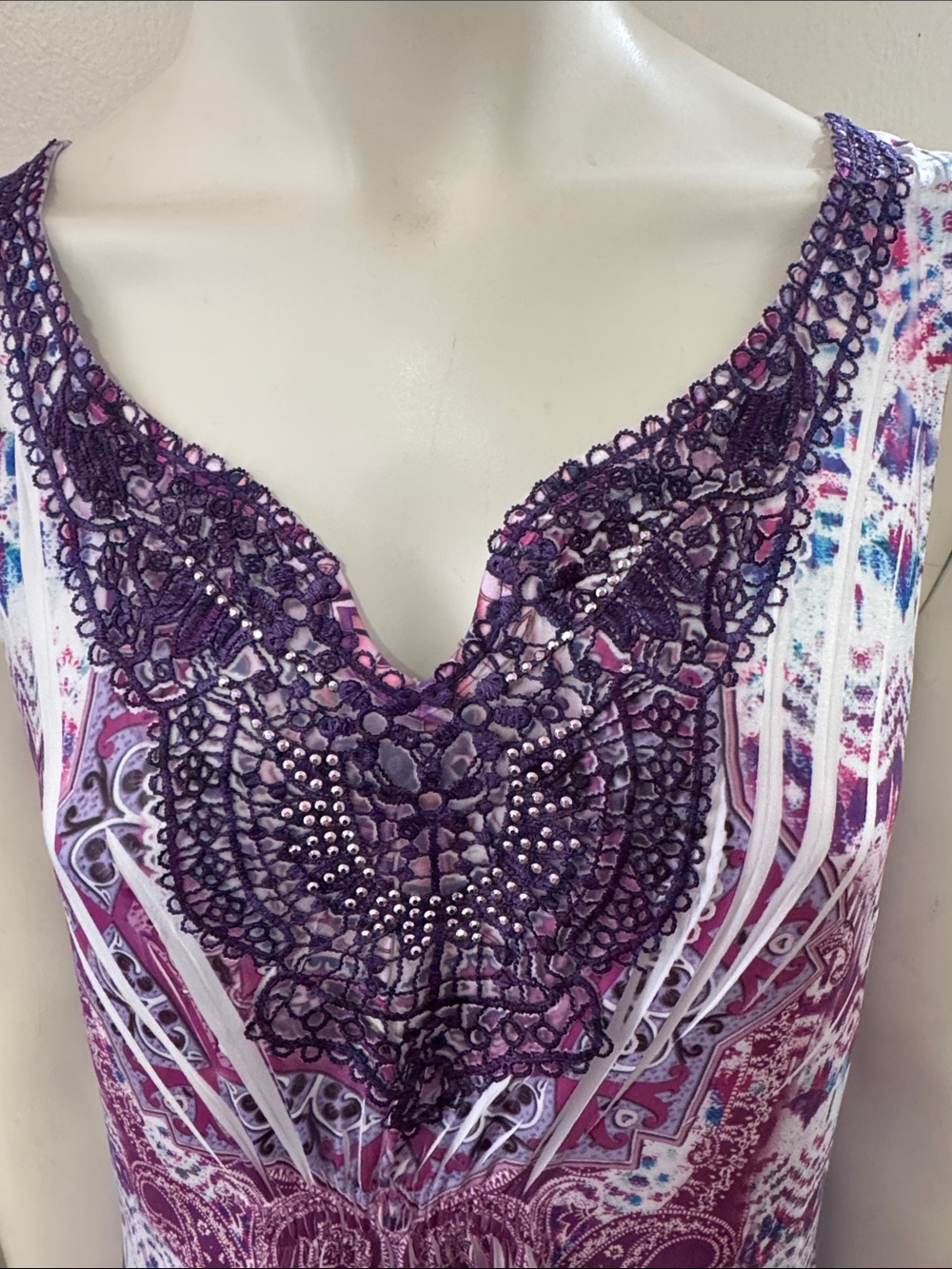 One World sleeveless Purple Midi dress embellished crochet handkerchief hem Sz M - Picture 6 of 14
